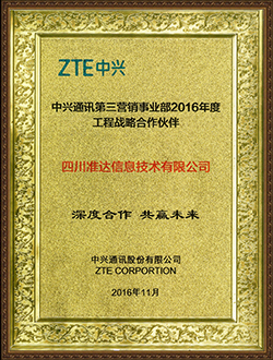 中興通訊第三營銷事業部2016年度工程戰略合作伙伴深度合作共贏未來獎
